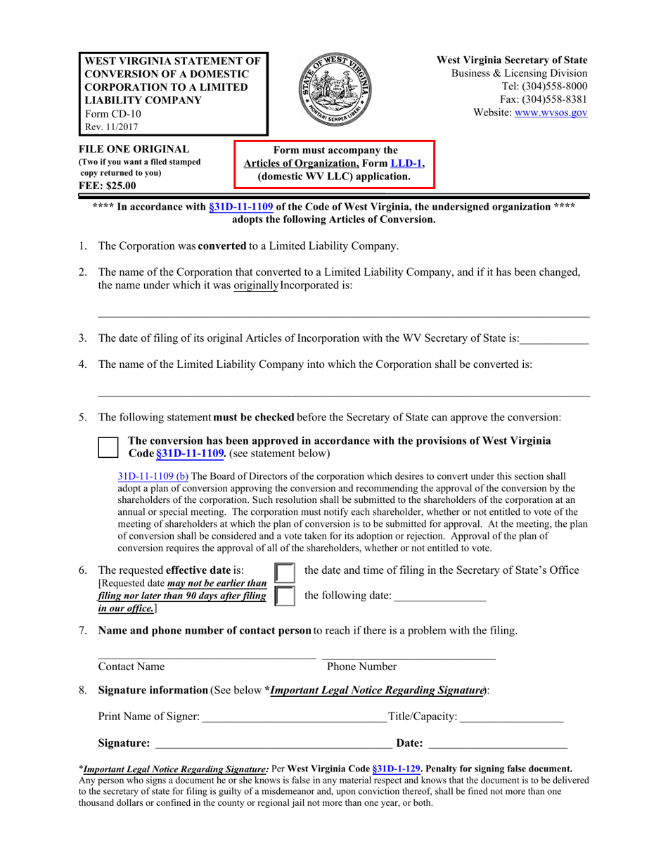 Form CD-10 West Virginia Statement of Conversion of a Domestic Corporation to a Limited Liability Company - West Virginia, Page 1