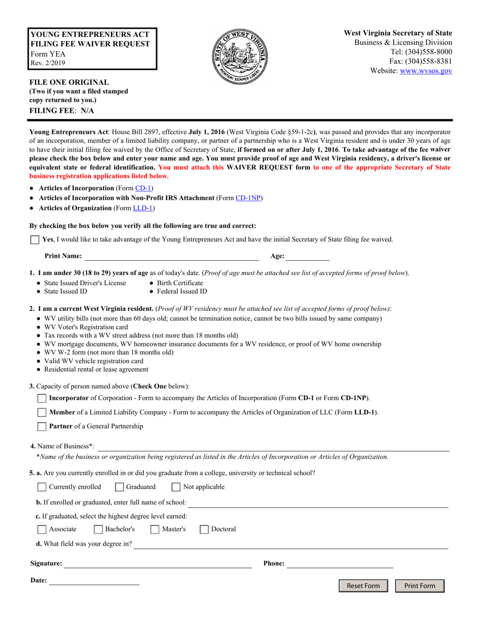 Form YEA Fill Out, Sign Online and Download Fillable PDF, West