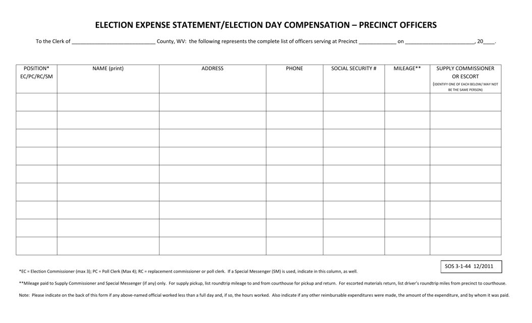 Form SOS3-1-44 Election Expense Statement/Election Day Compensation - Precinct Officers - West Virginia