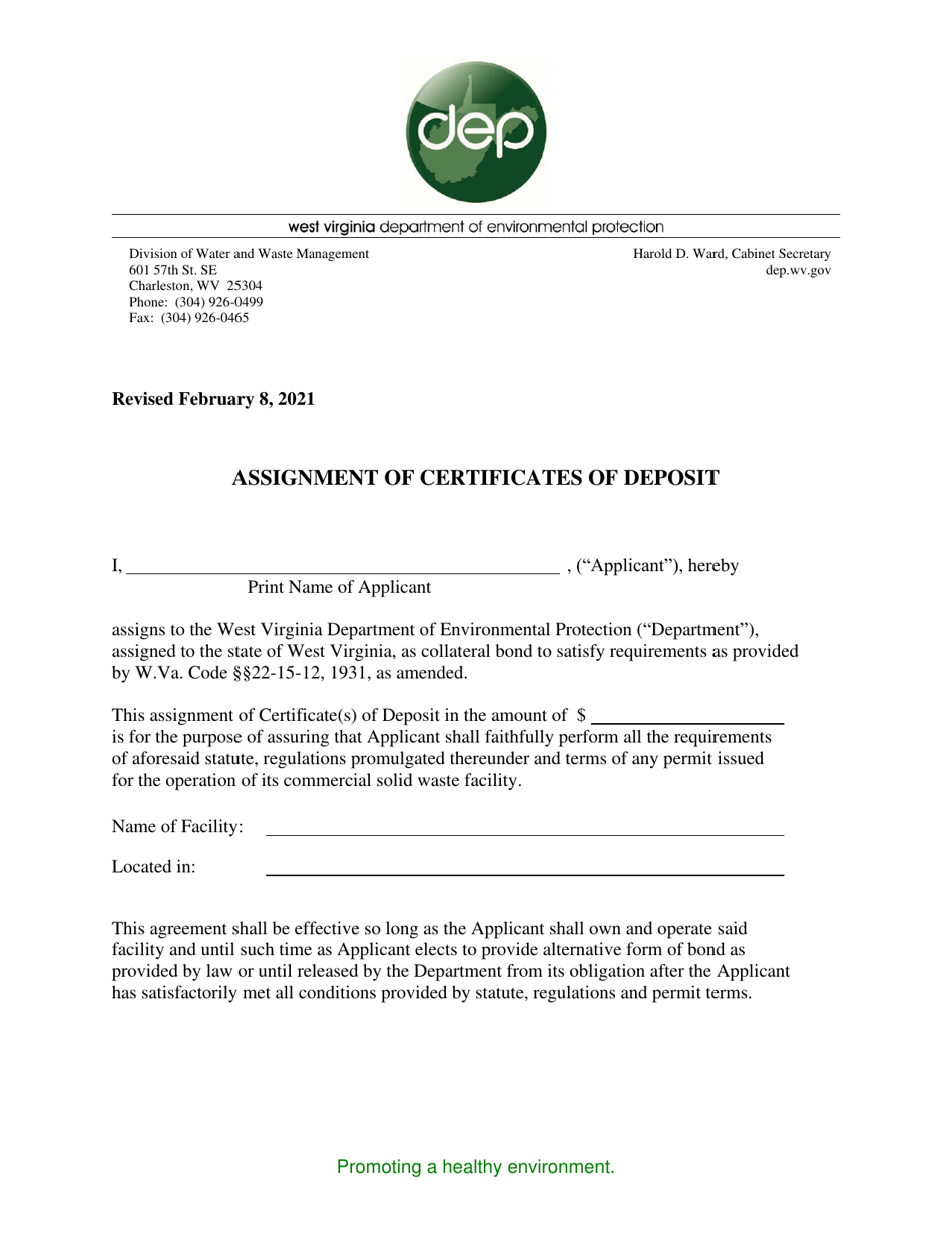 Assignment of Certificates of Deposit - West Virginia, Page 1