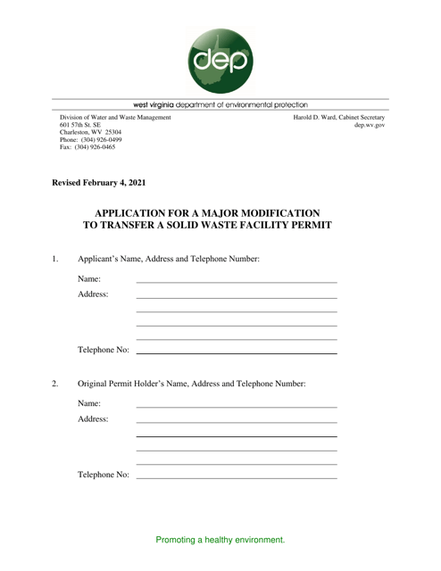 Application for a Major Modification to Transfer a Solid Waste Facility Permit - West Virginia Download Pdf