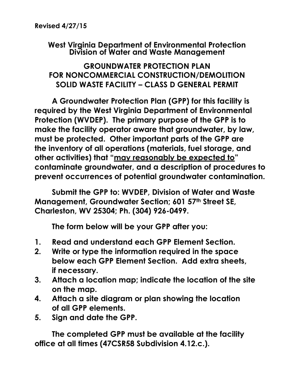 Groundwater Protection Plan for Noncommercial Construction / Demolition Solid Waste Facility - Class D General Perm - West Virginia, Page 1