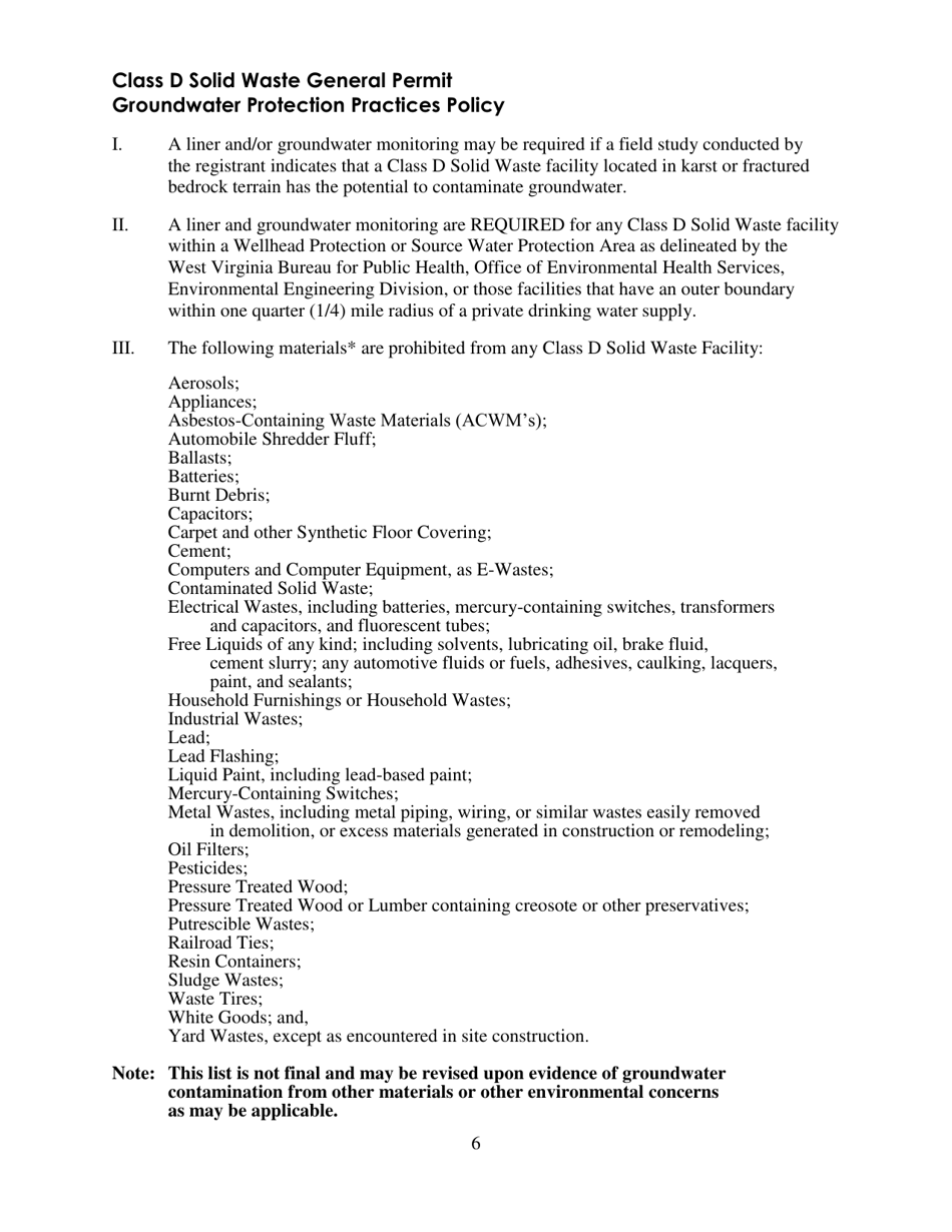 Groundwater Protection Plan for Noncommercial Construction / Demolition Solid Waste Facility - Class D General Perm - West Virginia, Page 6