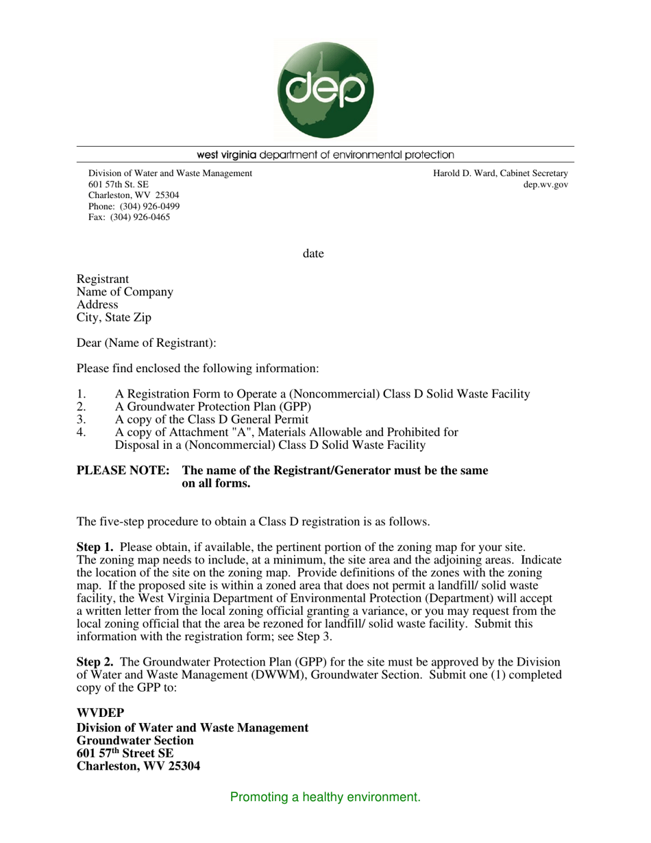 Letter to Registrants - Class D - West Virginia, Page 1