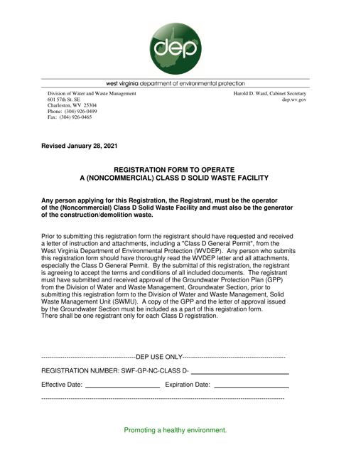 Registration Form to Operate a (Noncommercial) Class D Solid Waste Facility - West Virginia Download Pdf