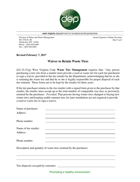 Waiver to Retain Waste Tires - West Virginia Download Pdf