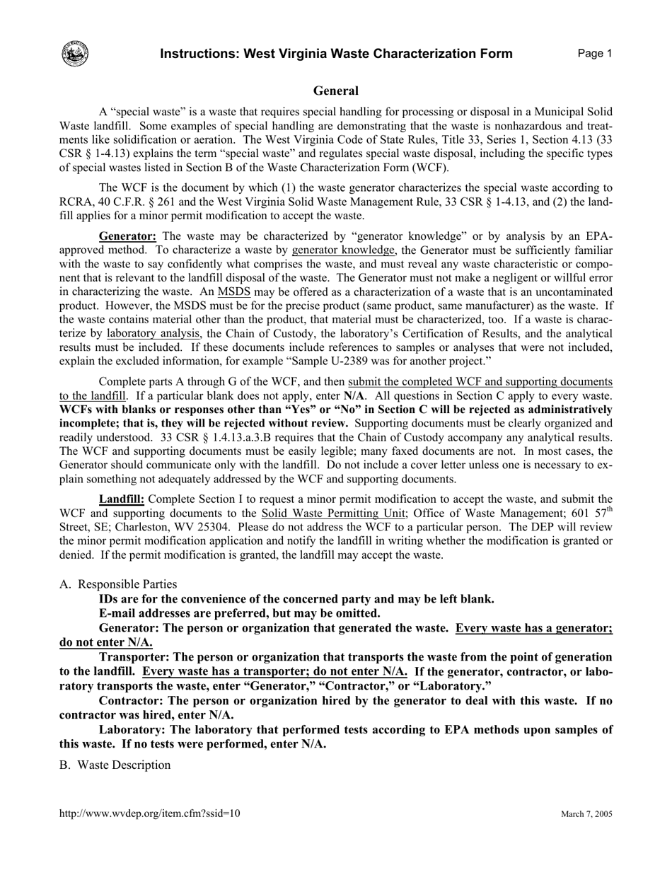Instructions for Waste Characterization Form - West Virginia, Page 1