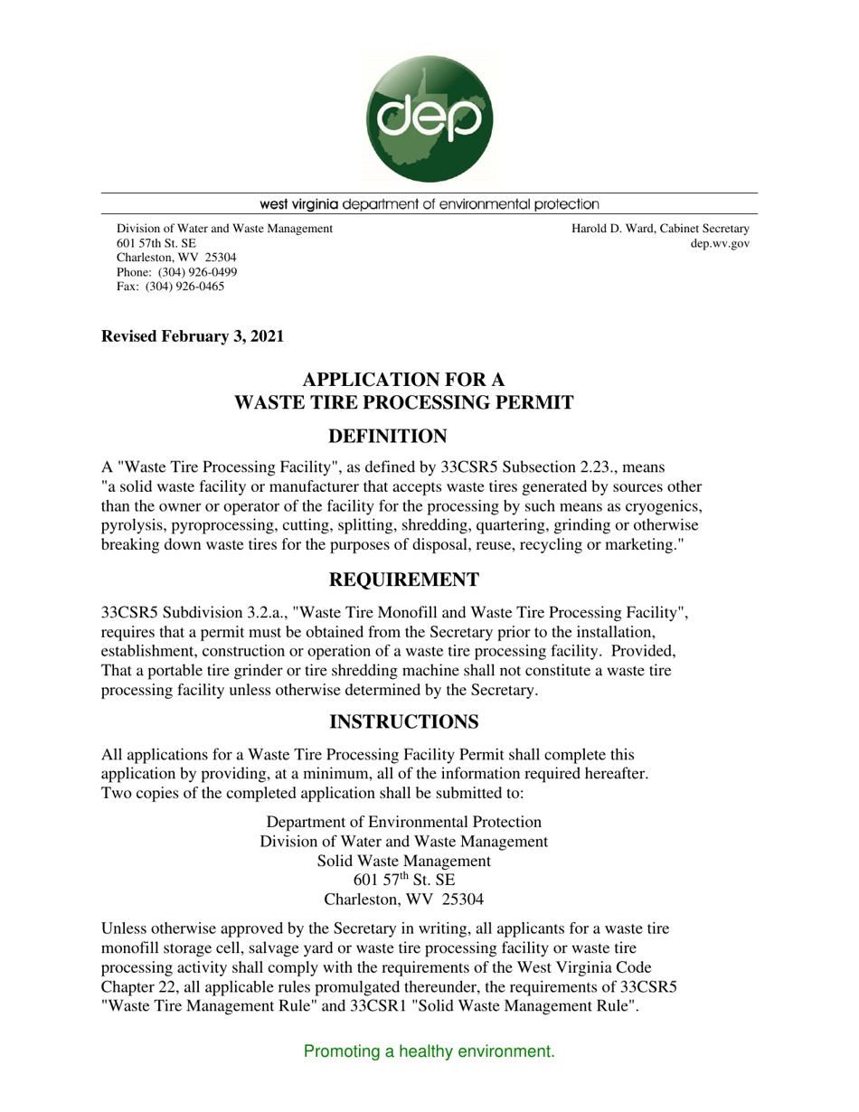 Application for a Waste Tire Processing Permit - West Virginia, Page 1