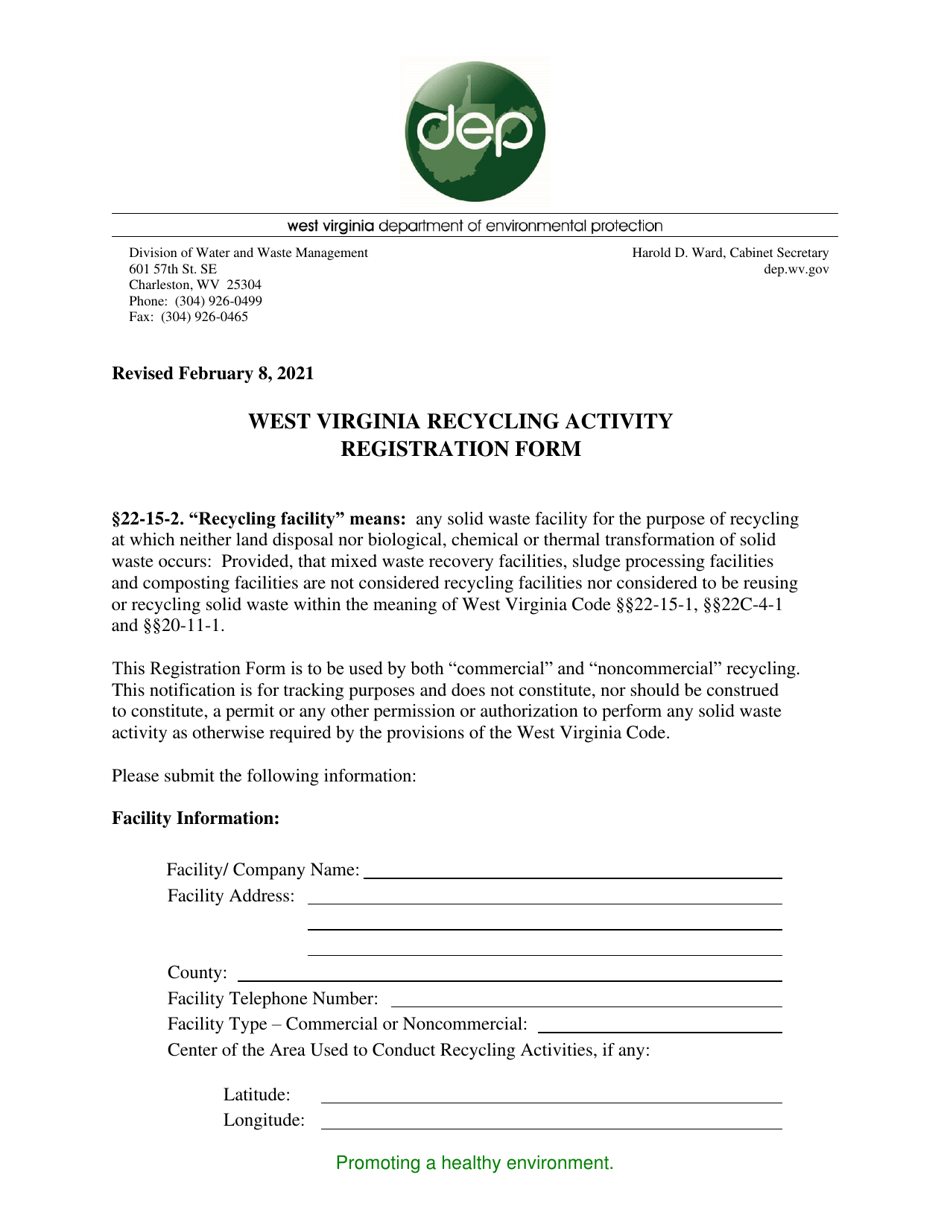 West Virginia Recycling Activity Registration Form - West Virginia, Page 1