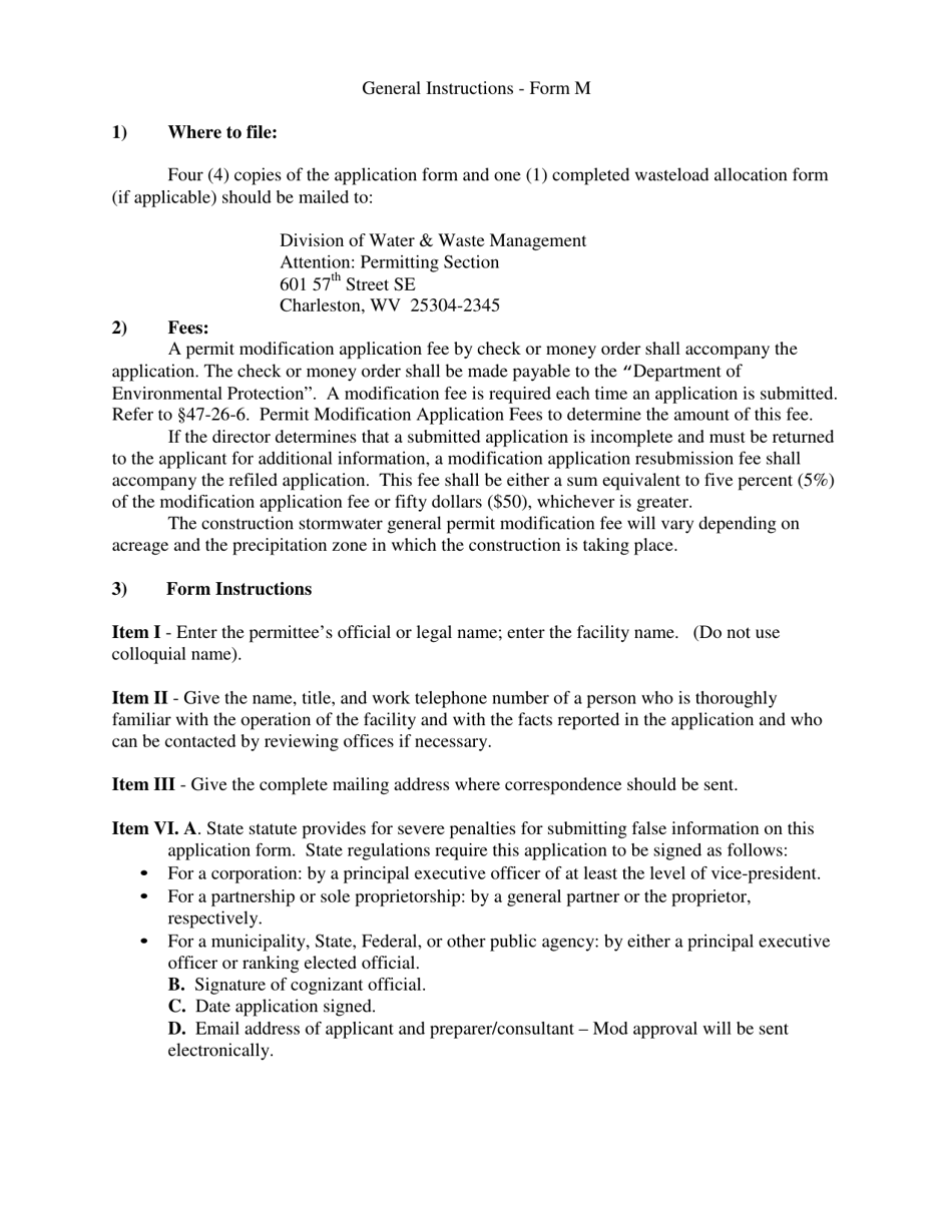 Form M Application for Wv / Npdes Water Pollution Control Permit Modification - West Virginia, Page 1