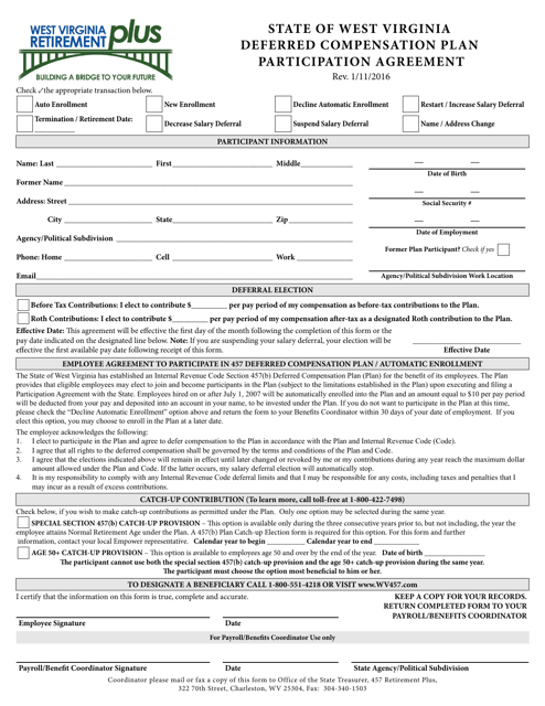 State of West Virginia Deferred Compensation Plan Participation Agreement - West Virginia Download Pdf
