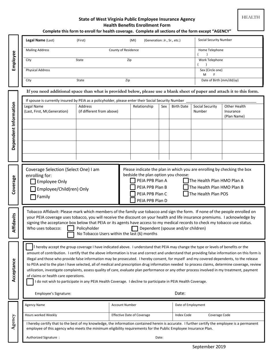 Health Benefits Enrollment Form - State of West Virginia Public Employee Insurance Agency - West Virginia, Page 1