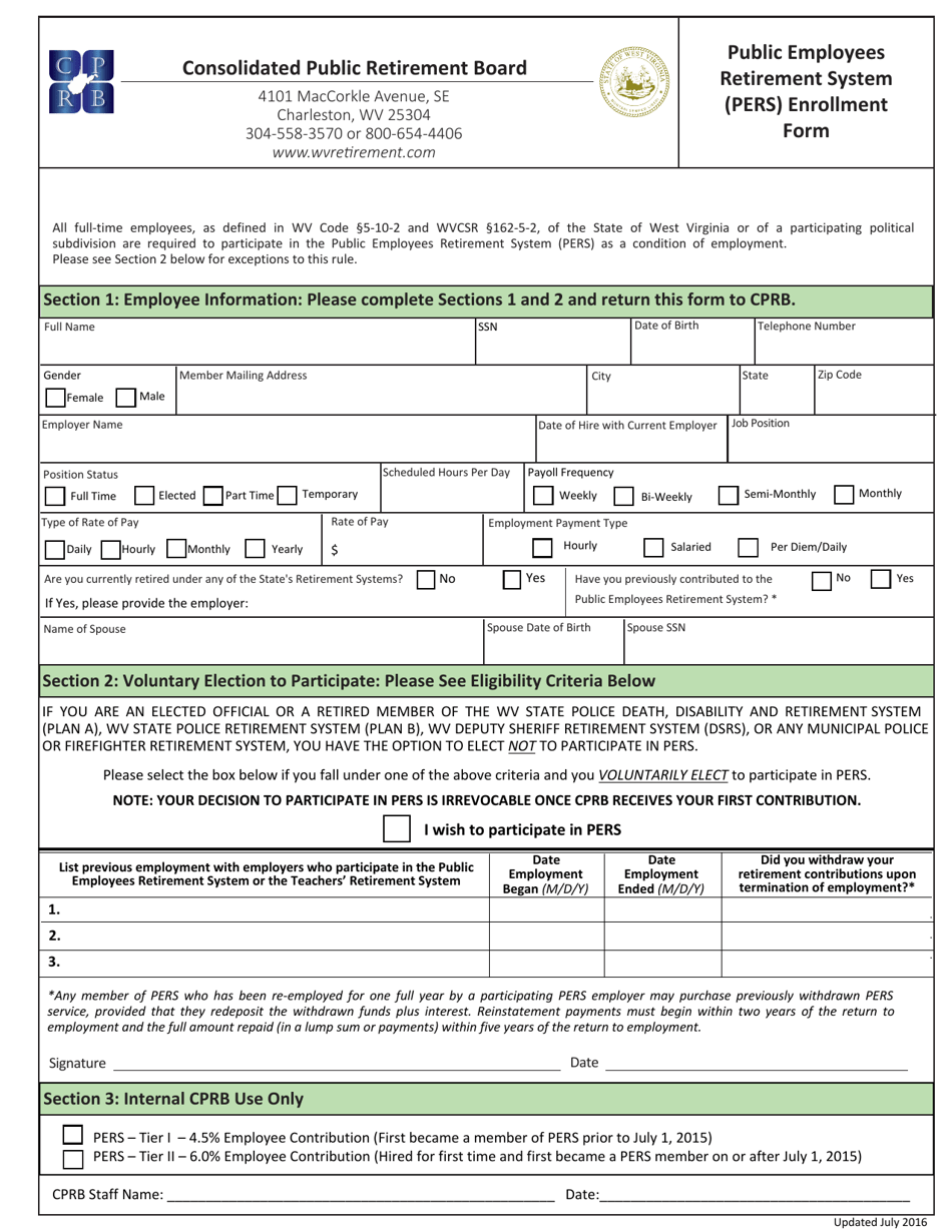 Public Employees Retirement System (Pers) Enrollment Form - West Virginia, Page 1