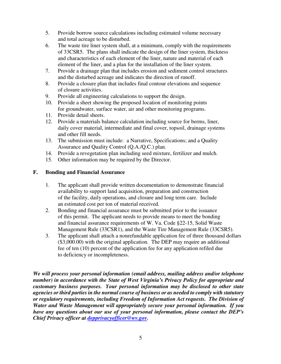 Application for a Waste Tire Monofill Permit or the Addition of a Waste Tire Storage Cell - West Virginia, Page 5
