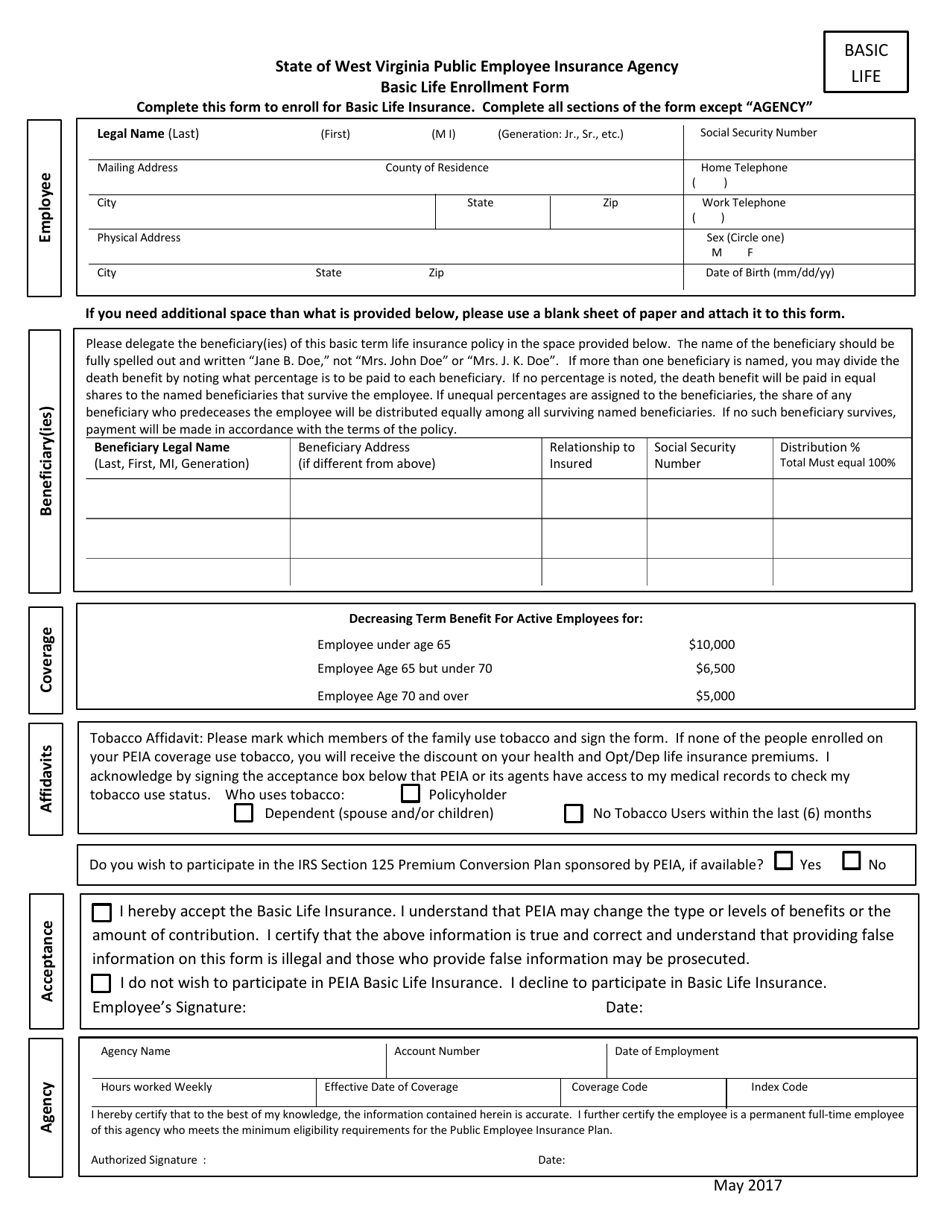 Basic Life Enrollment Form - West Virginia, Page 1