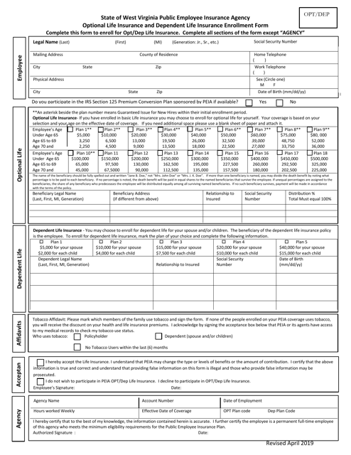 Optional Life Insurance and Dependent Life Insurance Enrollment Form - West Virginia Download Pdf