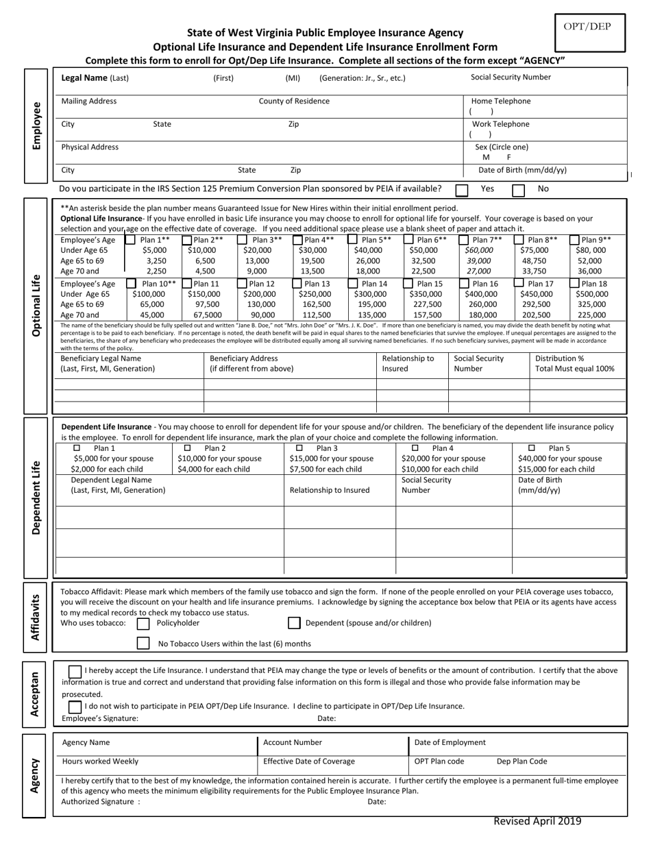 Optional Life Insurance and Dependent Life Insurance Enrollment Form - West Virginia, Page 1