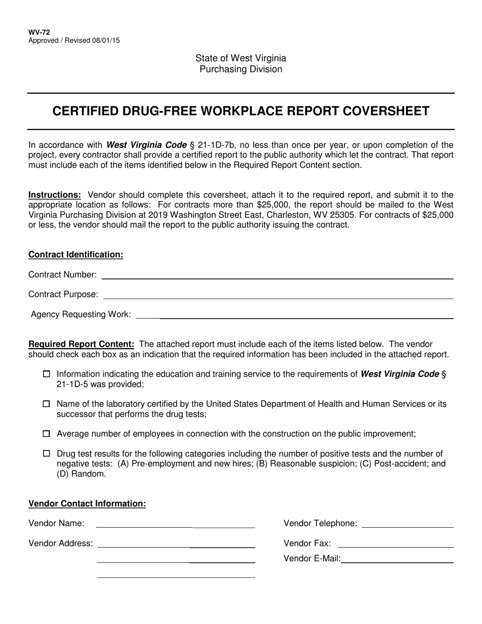 Form WV-72 Certified Drug-Free Workplace Report Coversheet - West Virginia, Page 1