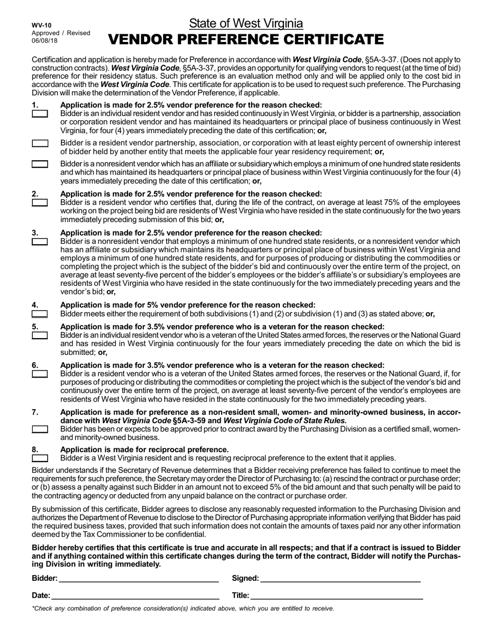 Form WV-10 Vendor Preference Certificate - West Virginia, Page 1