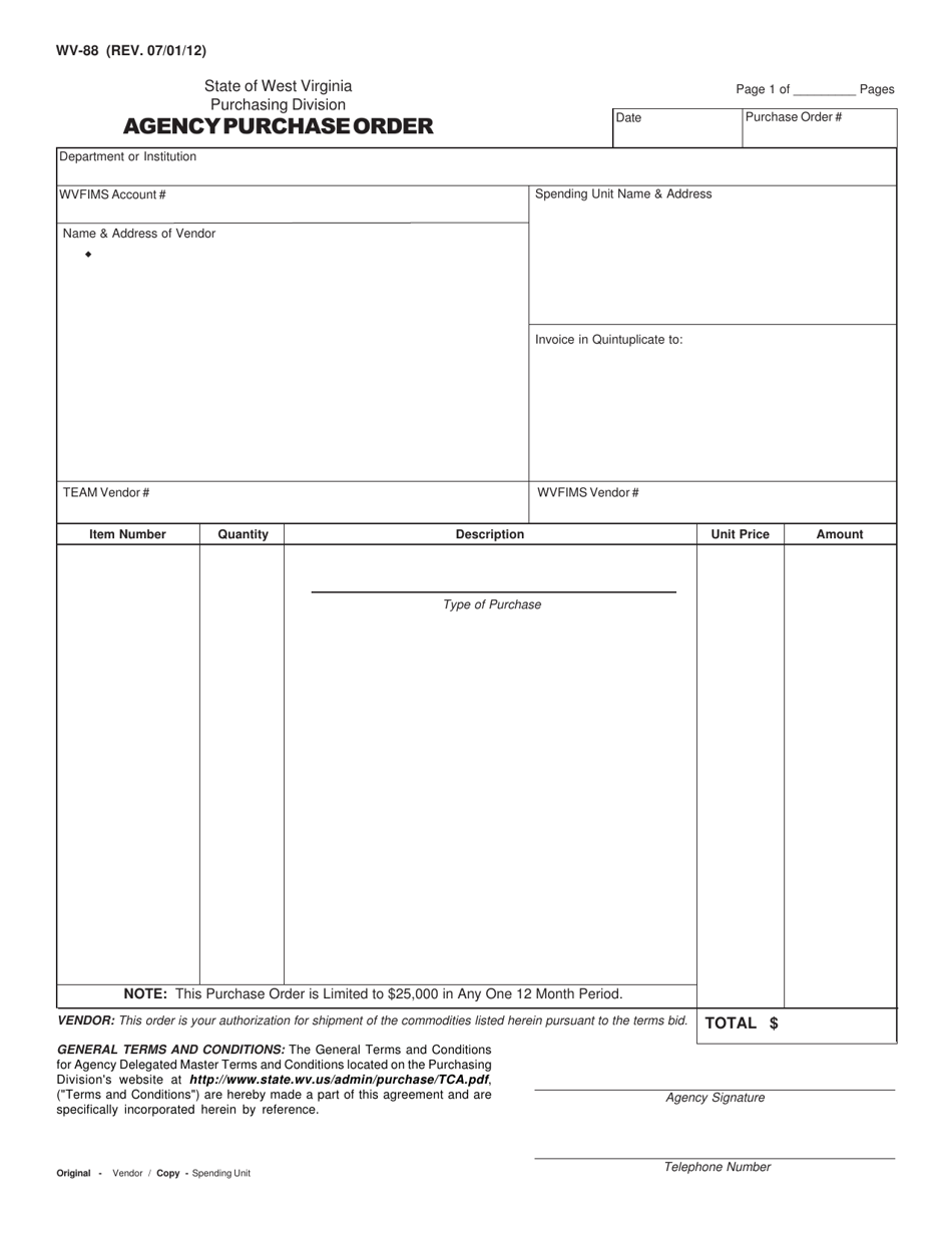 Form WV-88 Agency Purchase Order - West Virginia, Page 1