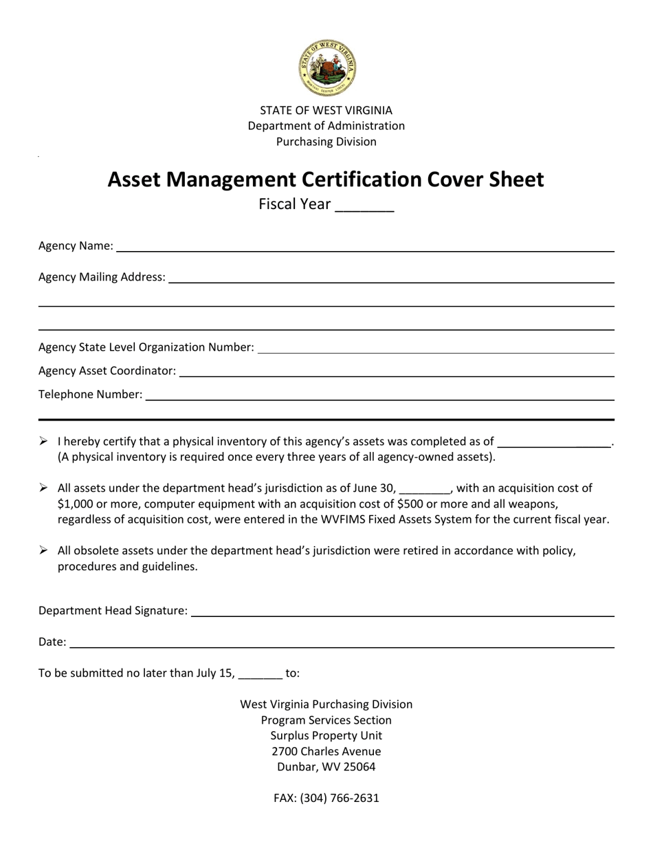 Asset Management Certification Cover Sheet - West Virginia, Page 1