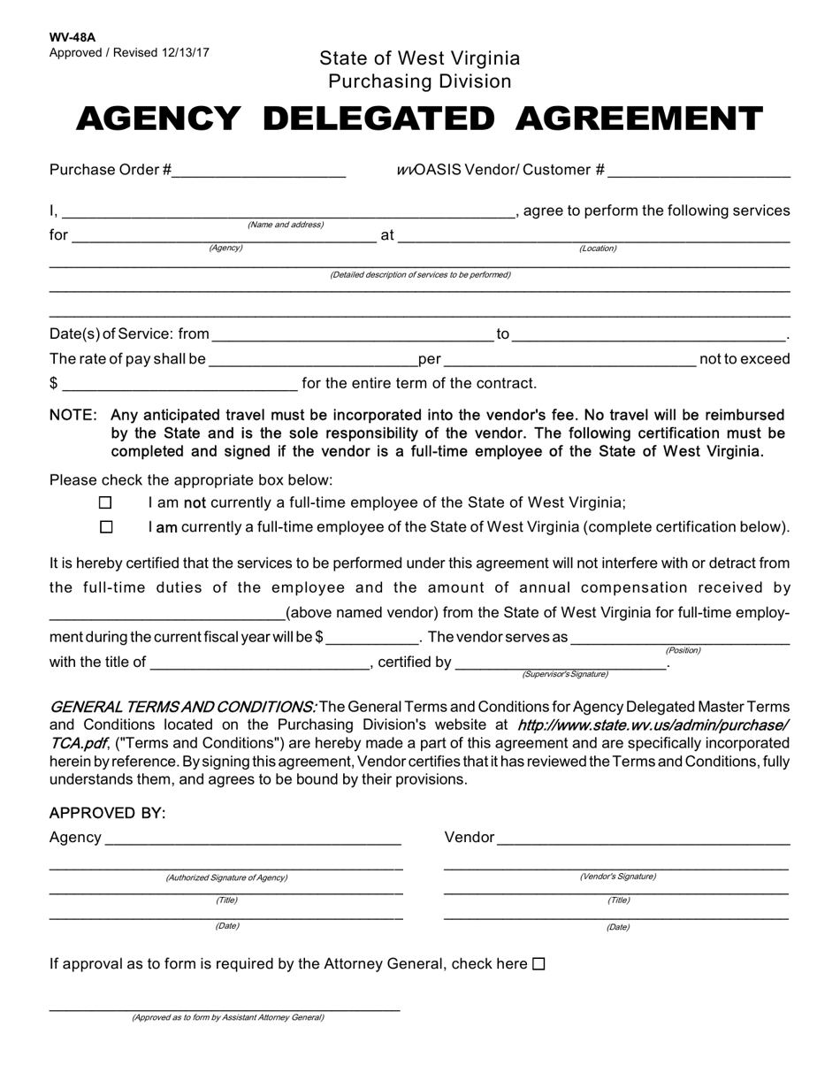Form WV-48A Agency Delegated Agreement for Transactions Requiring Attorney General Approval - West Virginia, Page 1
