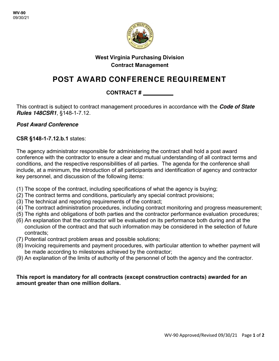 Form WV-90 Post Award Conference Requirement - Contract Management - West Virginia, Page 1