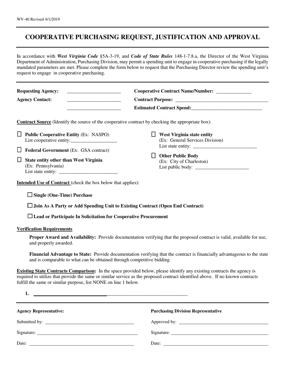 Form WV-40 Cooperative Purchasing Request, Justification and Approval - West Virginia, Page 1