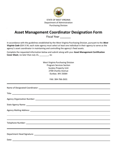 Asset Management Coordinator Designation Form - West Virginia Download Pdf