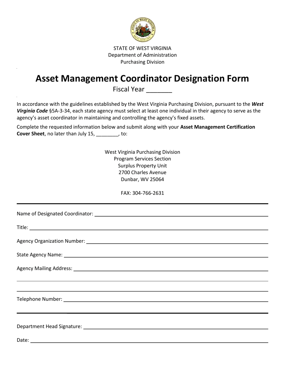 Asset Management Coordinator Designation Form - West Virginia, Page 1