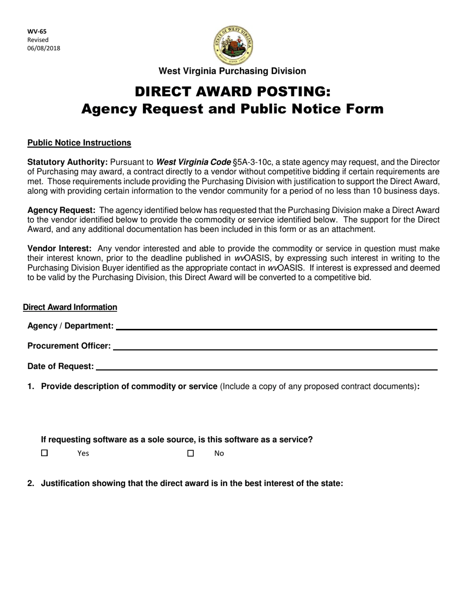 Form WV-65 Direct Award Posting: Agency Request and Public Notice Form - West Virginia, Page 1