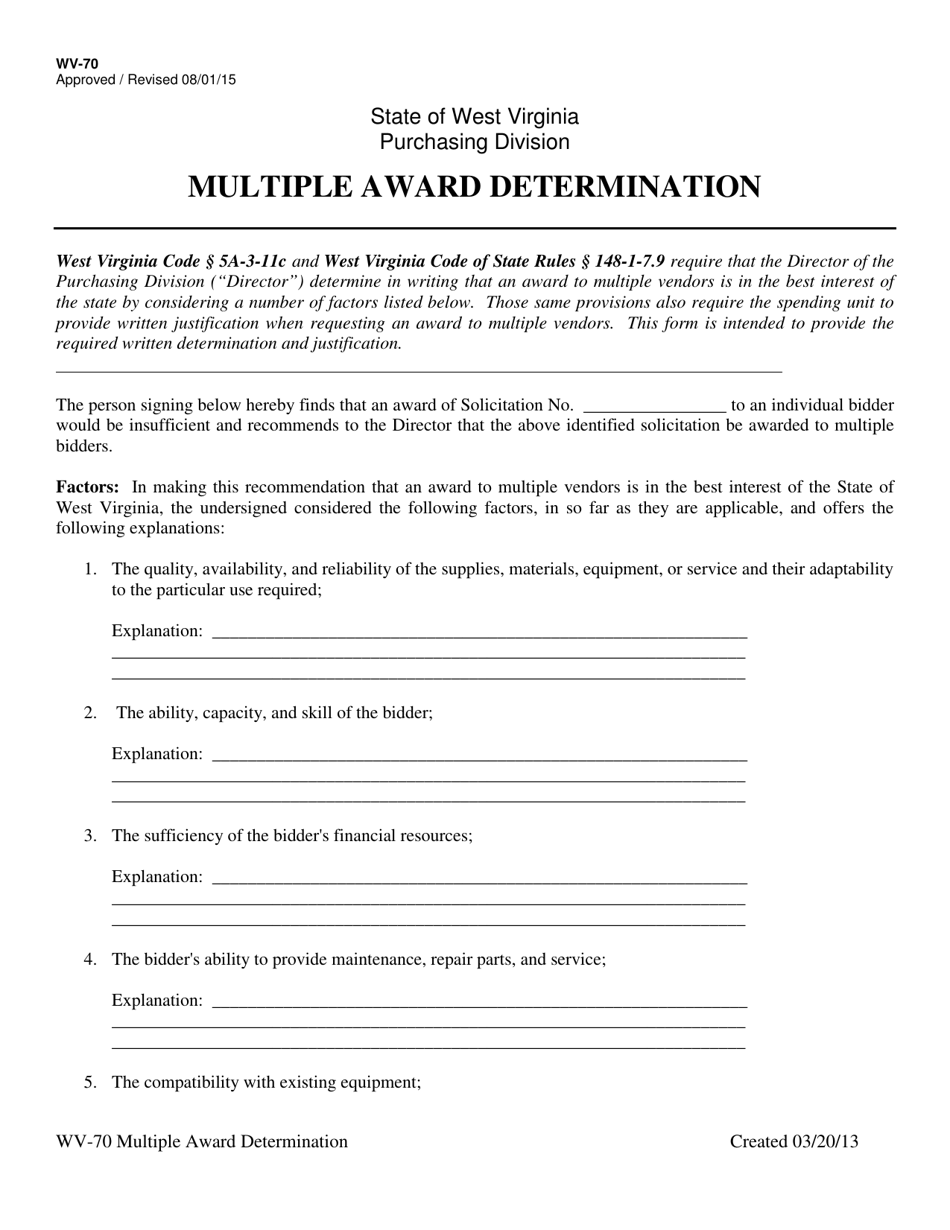 Form WV-70 Multiple Award Determination - West Virginia, Page 1