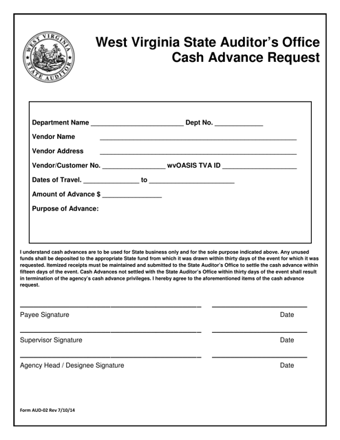 Form AUD-02 Cash Advance Request - West Virginia