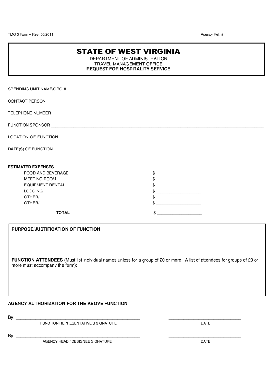 Form TMO3 Request for Hospitality Service - West Virginia, Page 1