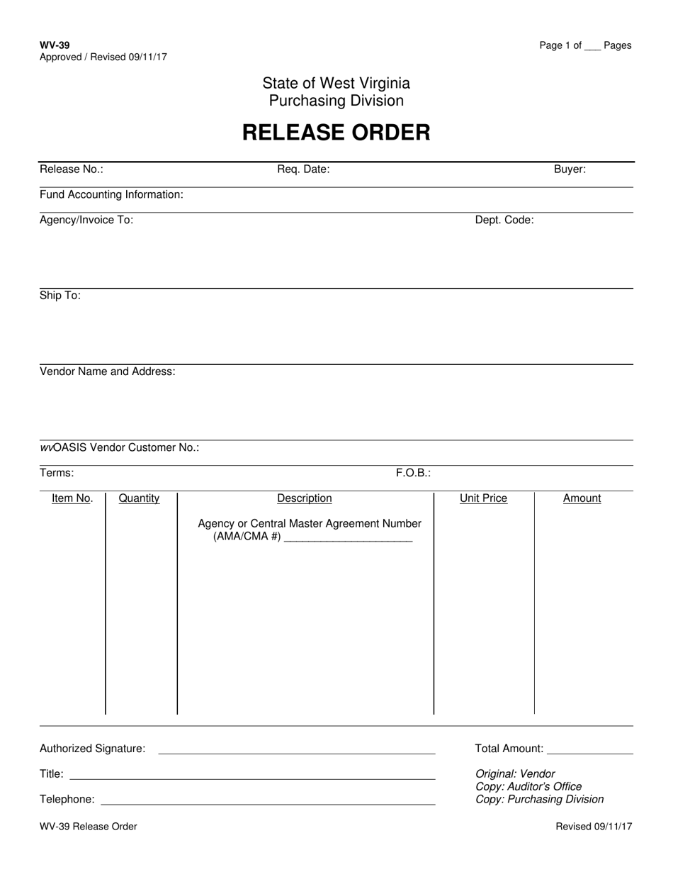 Form WV-39 Release Order - West Virginia, Page 1