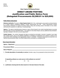 Form WV-65A Direct Award Posting: Justification and Public Notice Form (Delegated Procurements $2,500.01 to $25,000) - West Virginia