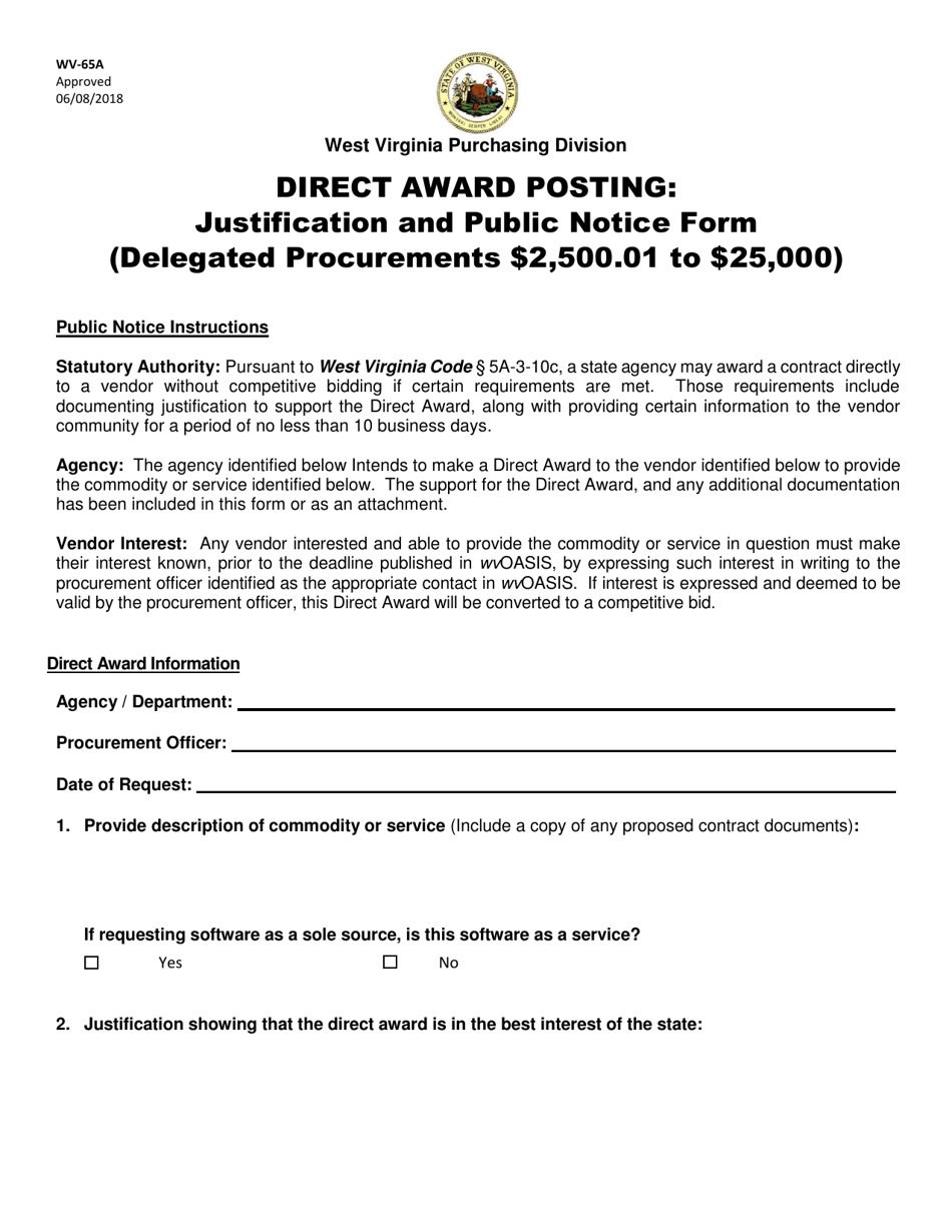 Form WV-65A Direct Award Posting: Justification and Public Notice Form (Delegated Procurements $2,500.01 to $25,000) - West Virginia, Page 1