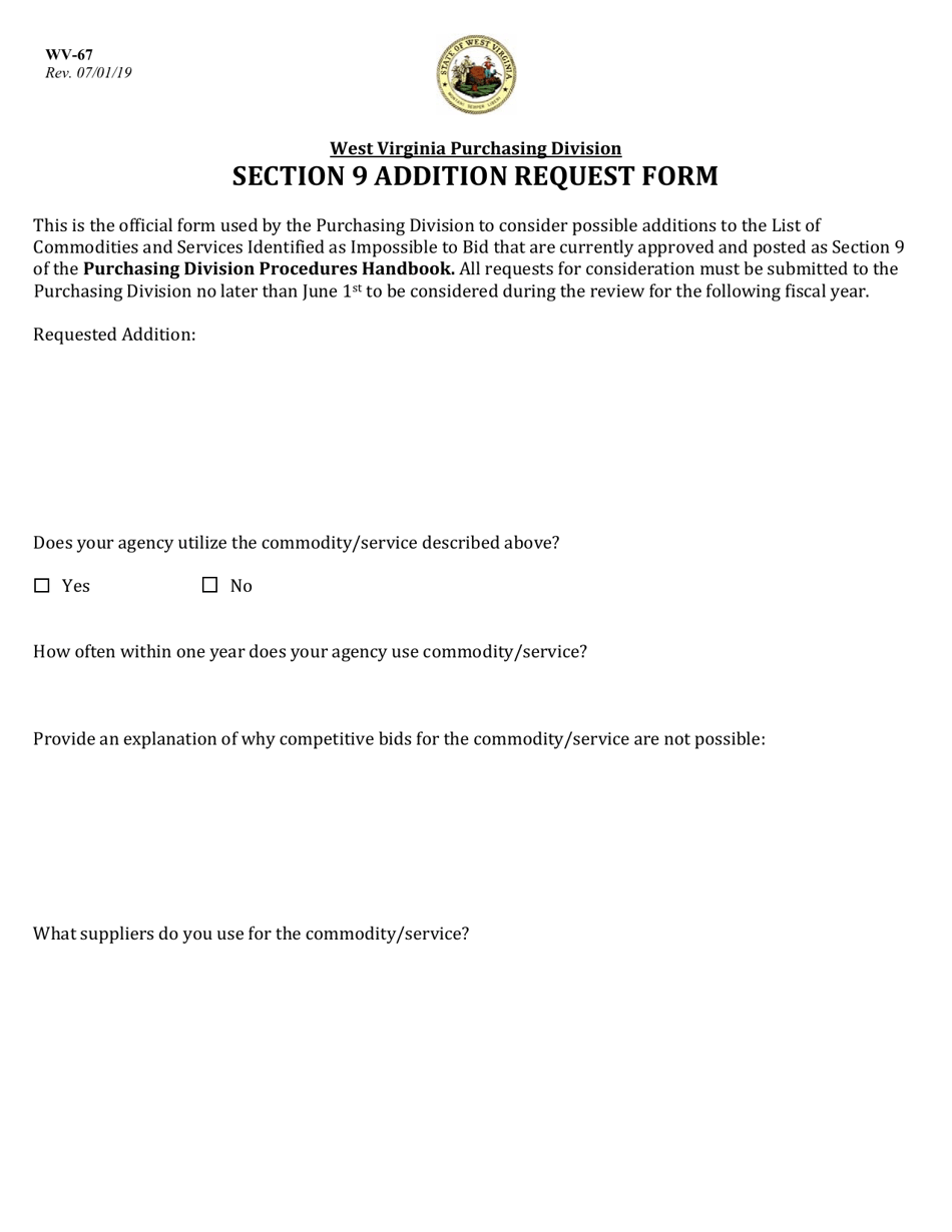 Form WV-67 Section 9 Addition Request Form - West Virginia, Page 1