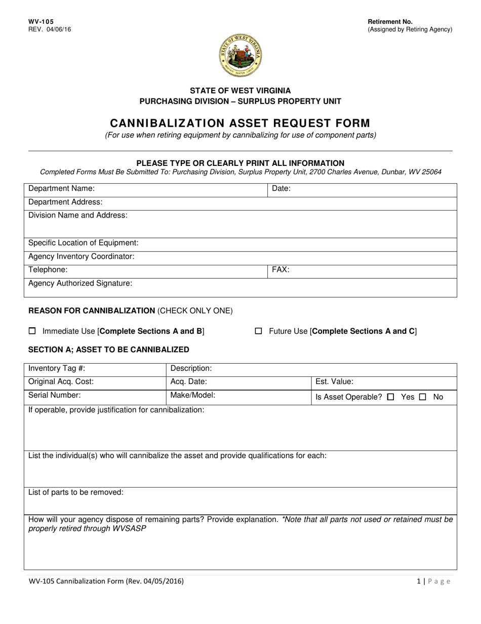 Form WV-105 Cannibalization Asset Request Form - West Virginia, Page 1