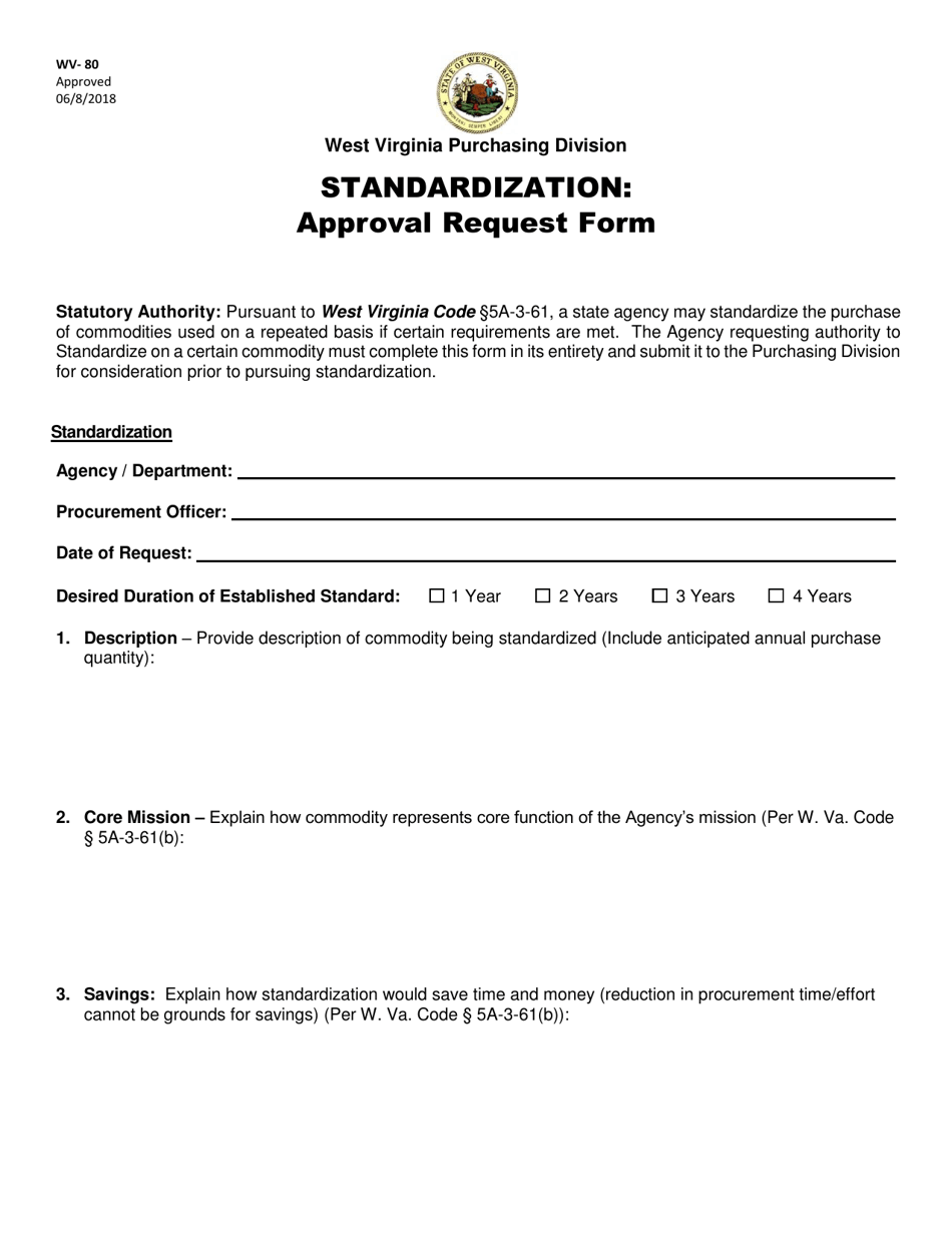 Form WV-80 Standardization: Approval Request Form - West Virginia, Page 1