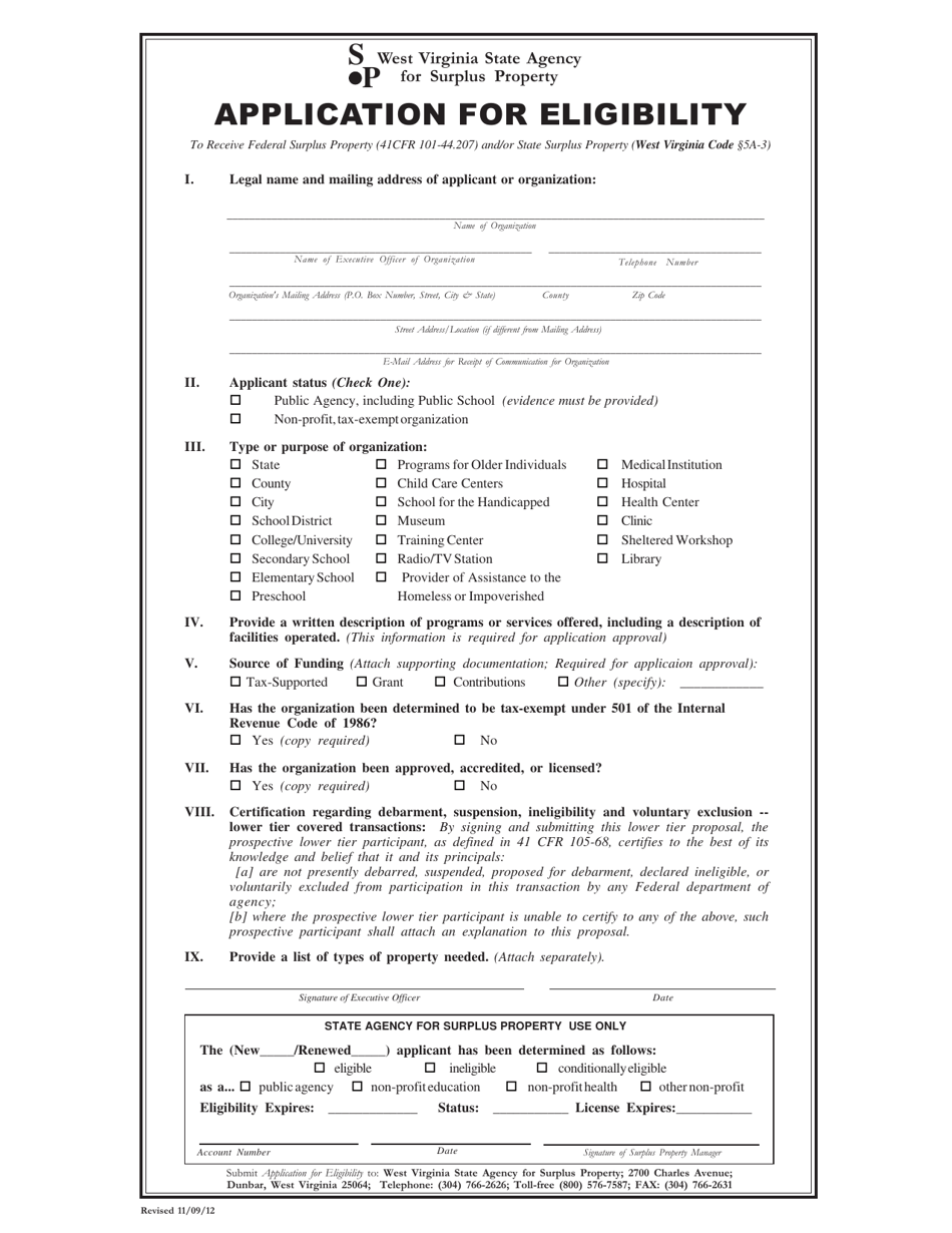 Surplus Application for Eligibility - West Virginia, Page 1