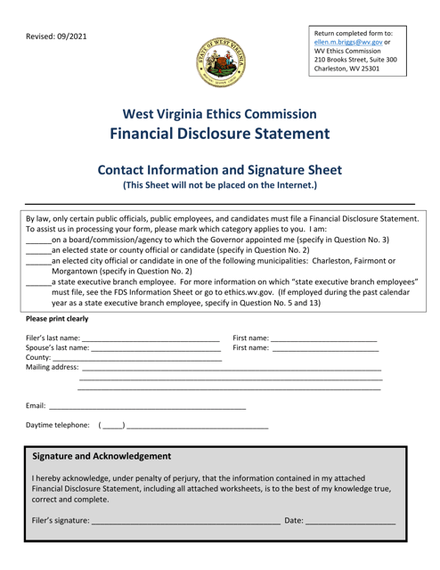Financial Disclosure Statement - Contact Information and Signature Sheet - West Virginia