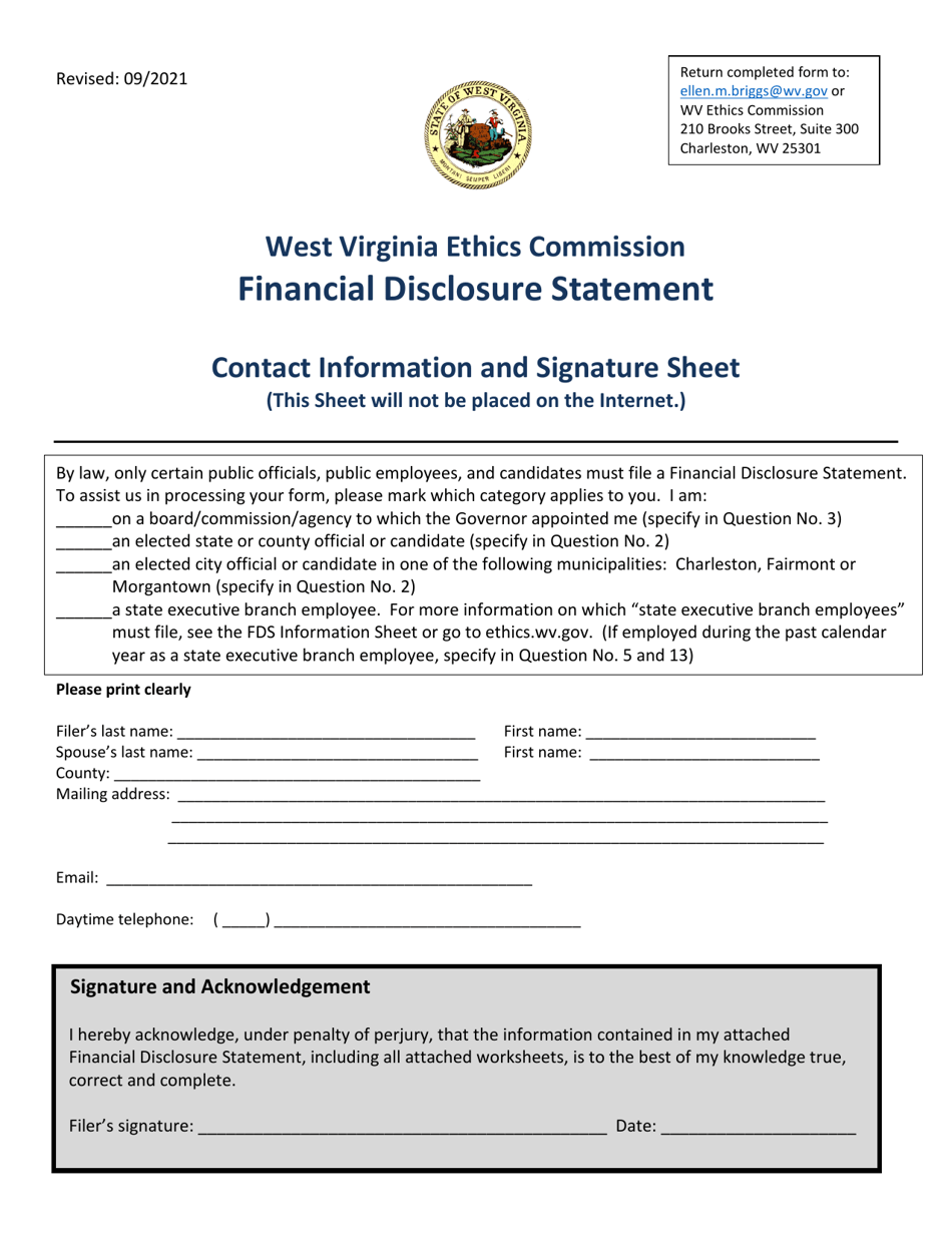 Financial Disclosure Statement - Contact Information and Signature Sheet - West Virginia, Page 1