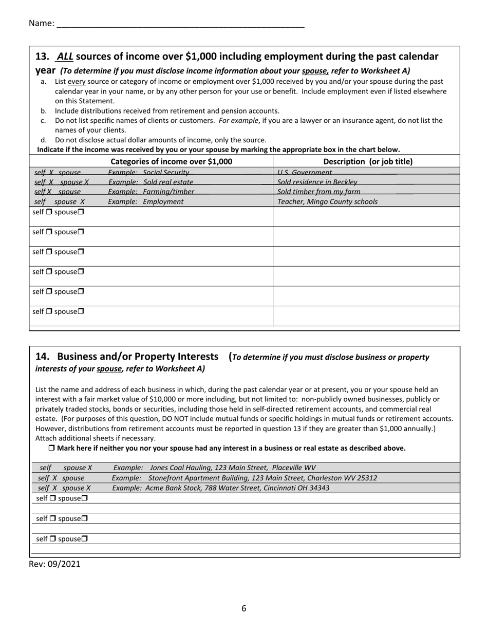 Financial Disclosure Statement - Contact Information and Signature Sheet - West Virginia, Page 7