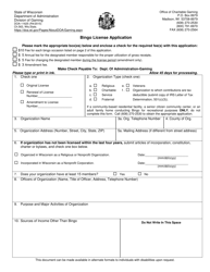 Form DOA-11625 Bingo License Application - Wisconsin