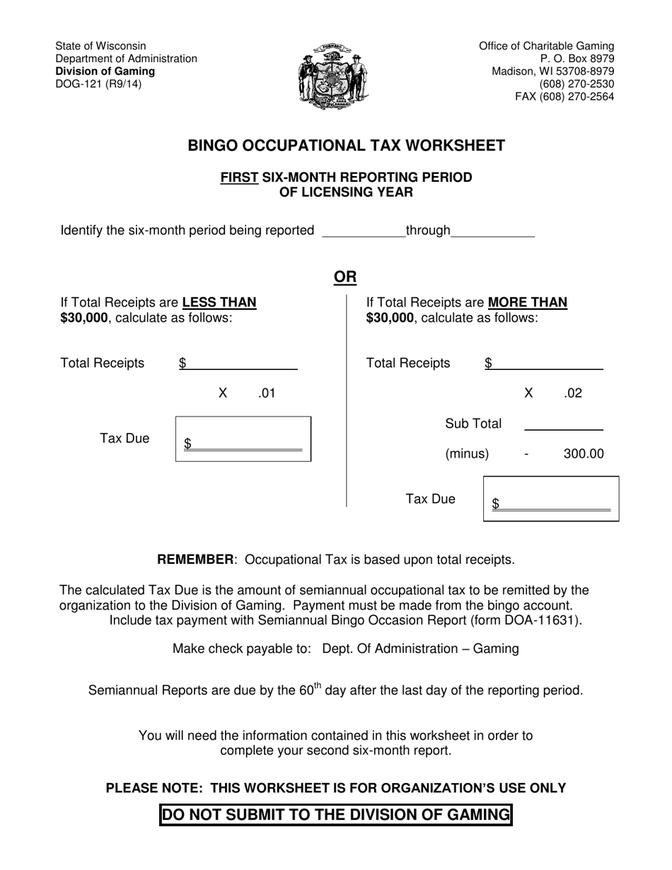 Form DOG-121 Semiannual Bingo Occupational Tax Worksheet - Wisconsin, Page 1
