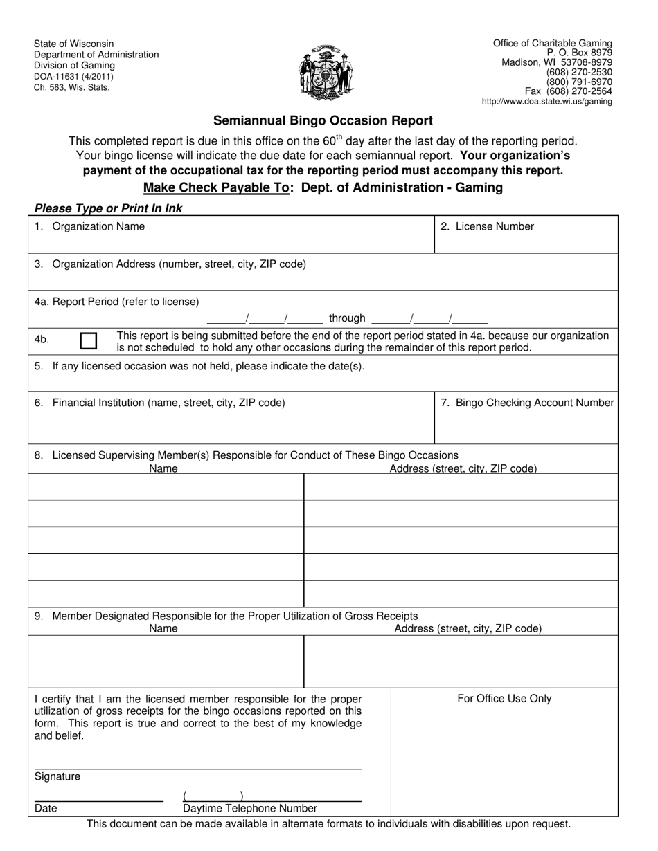 Form DOA-11631 Semiannual Bingo Occasion Report - Wisconsin, Page 1