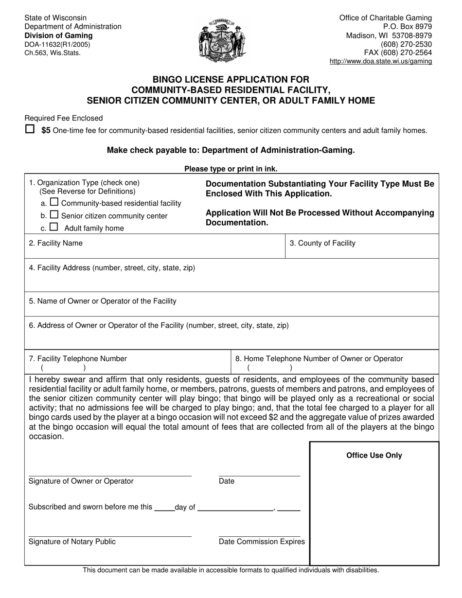 Form DOA-11632 Bingo License Application for Community-Based Residential Facility, Senior Citizen Community Center, or Adult Family Home - Wisconsin, Page 1
