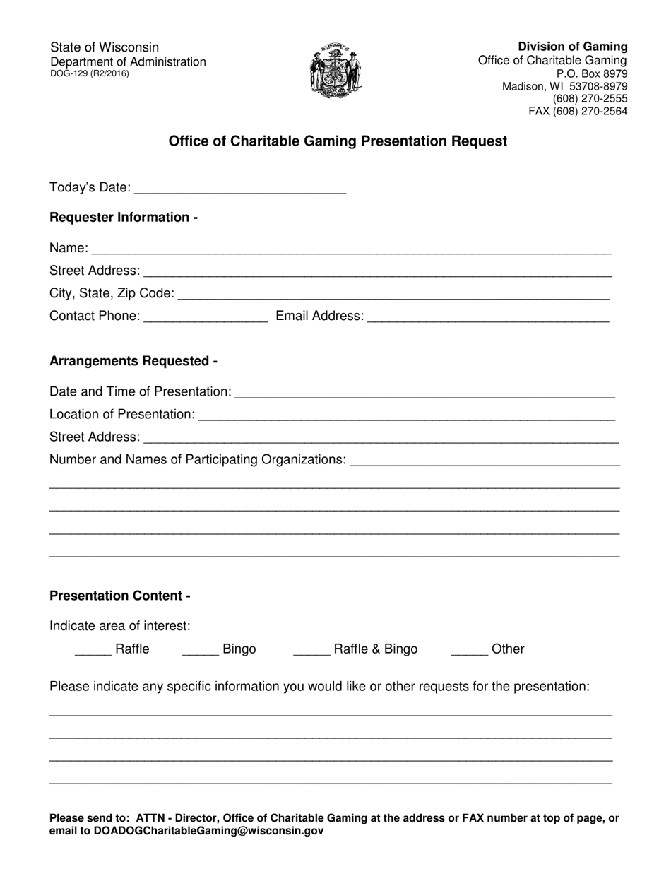 Form DOG-129 Office of Charitable Gaming Presentation Request - Wisconsin, Page 1