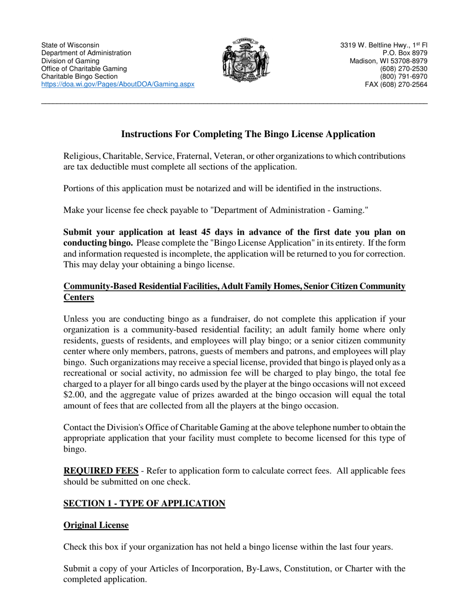 Download Instructions for Form DOA11625 Bingo License Application PDF